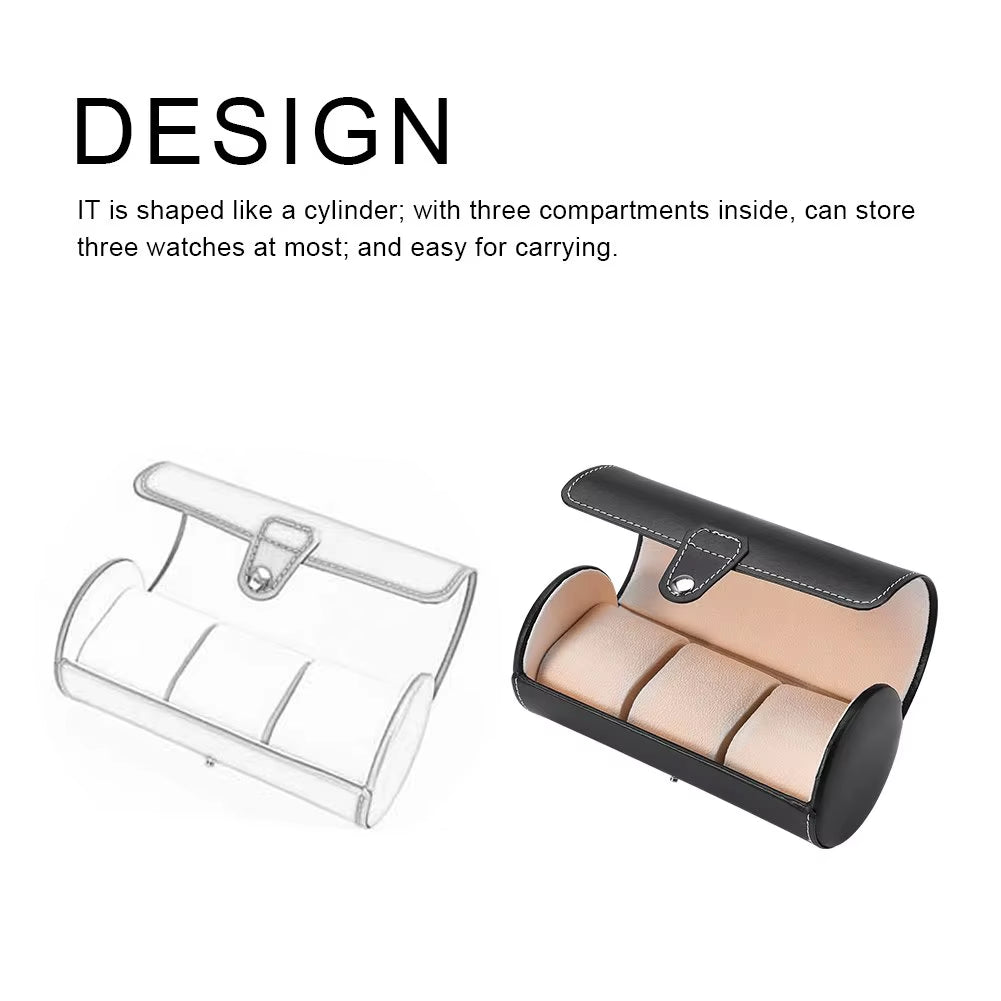 Watch Storage Box, PU Leather Roll Travel Watch Box,3 Grids Cylinder Roll Holder Wristwatch Jewelry Gift Storage Display Case