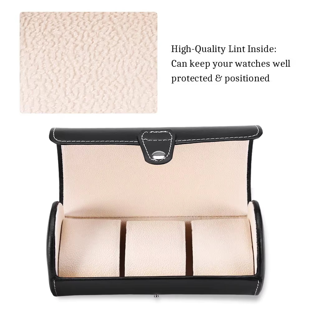 Watch Storage Box, PU Leather Roll Travel Watch Box,3 Grids Cylinder Roll Holder Wristwatch Jewelry Gift Storage Display Case