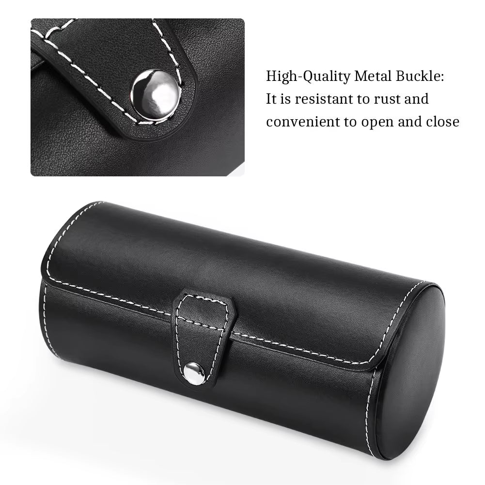 Watch Storage Box, PU Leather Roll Travel Watch Box,3 Grids Cylinder Roll Holder Wristwatch Jewelry Gift Storage Display Case