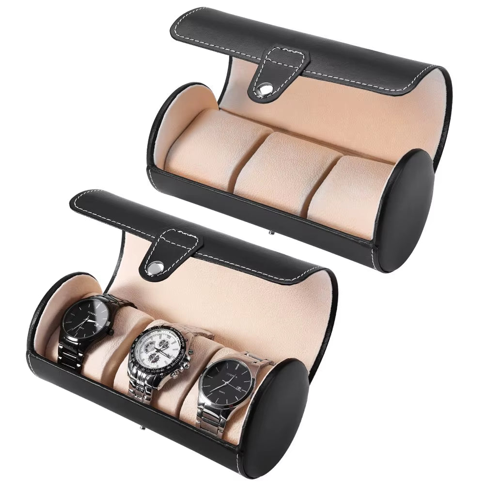 Watch Storage Box, PU Leather Roll Travel Watch Box,3 Grids Cylinder Roll Holder Wristwatch Jewelry Gift Storage Display Case