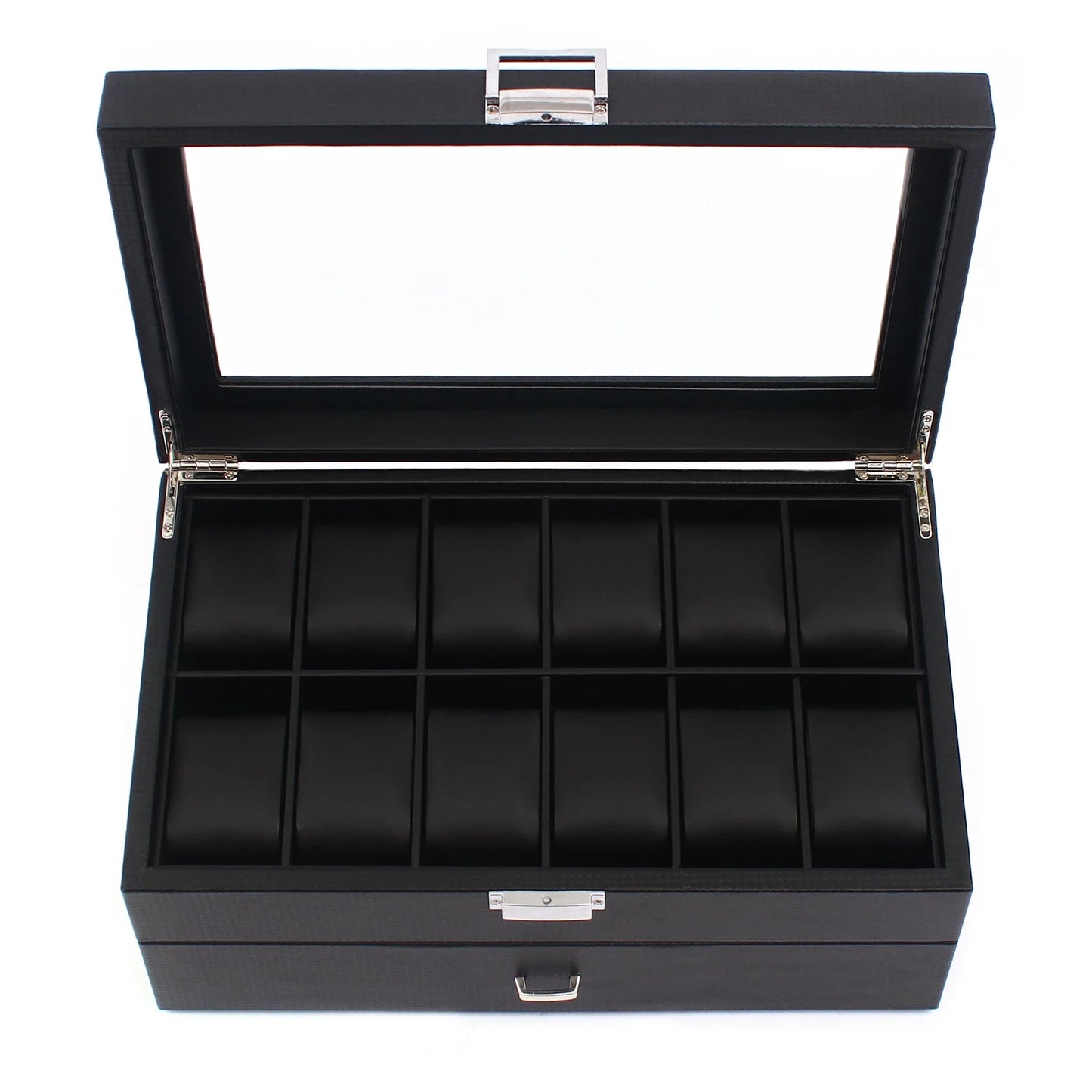 NEW 2 Layers 24 Compartments Watch Box Mens Case Glass Top Display Gift Organizer Lockable Black