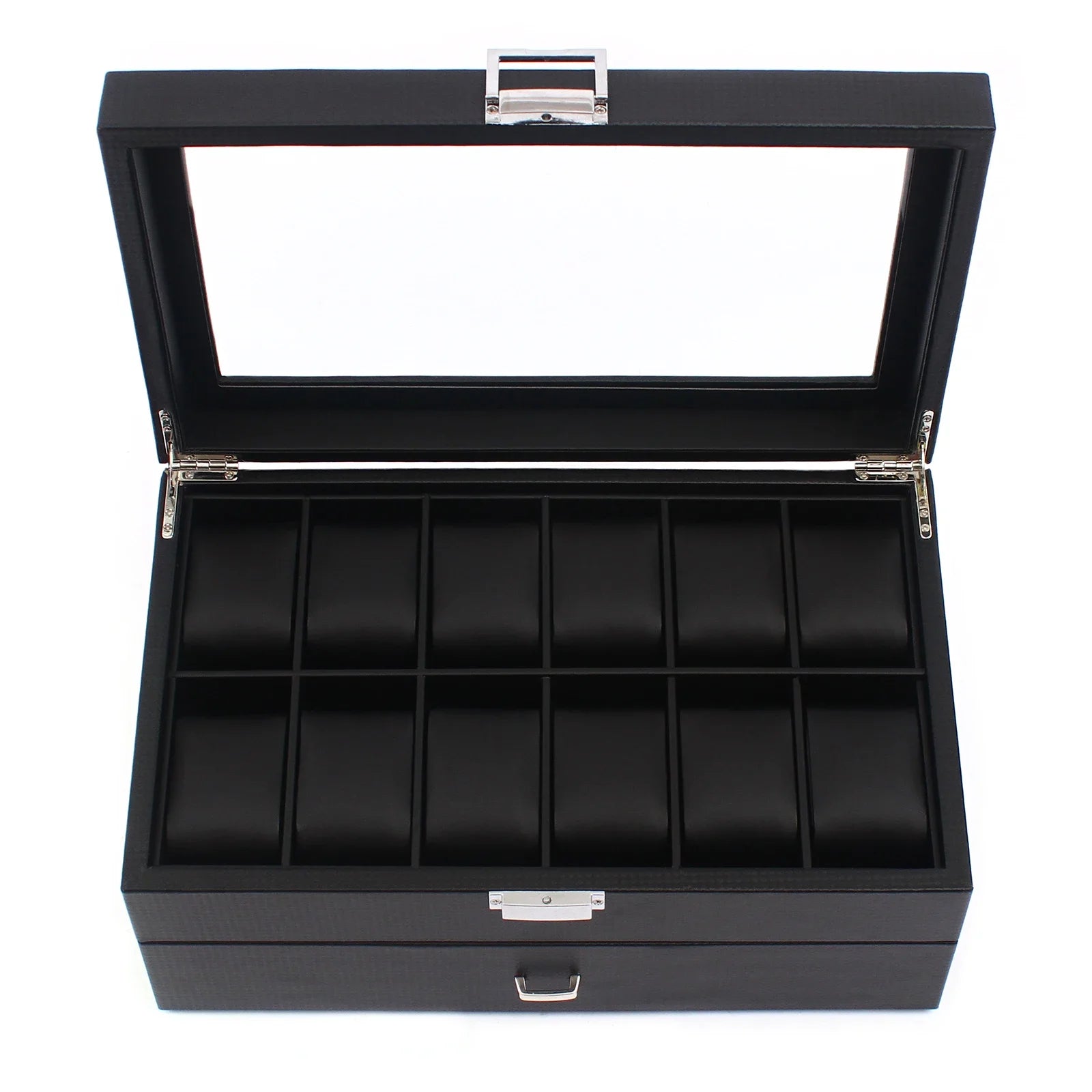 NEW 2 Layers 24 Compartments Watch Box Mens Case Glass Top Display Gift Organizer Lockable Black