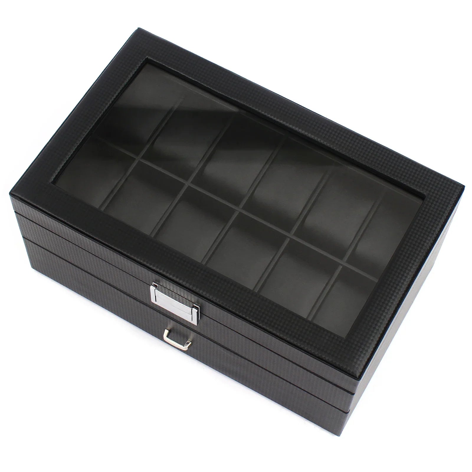NEW 2 Layers 24 Compartments Watch Box Mens Case Glass Top Display Gift Organizer Lockable Black