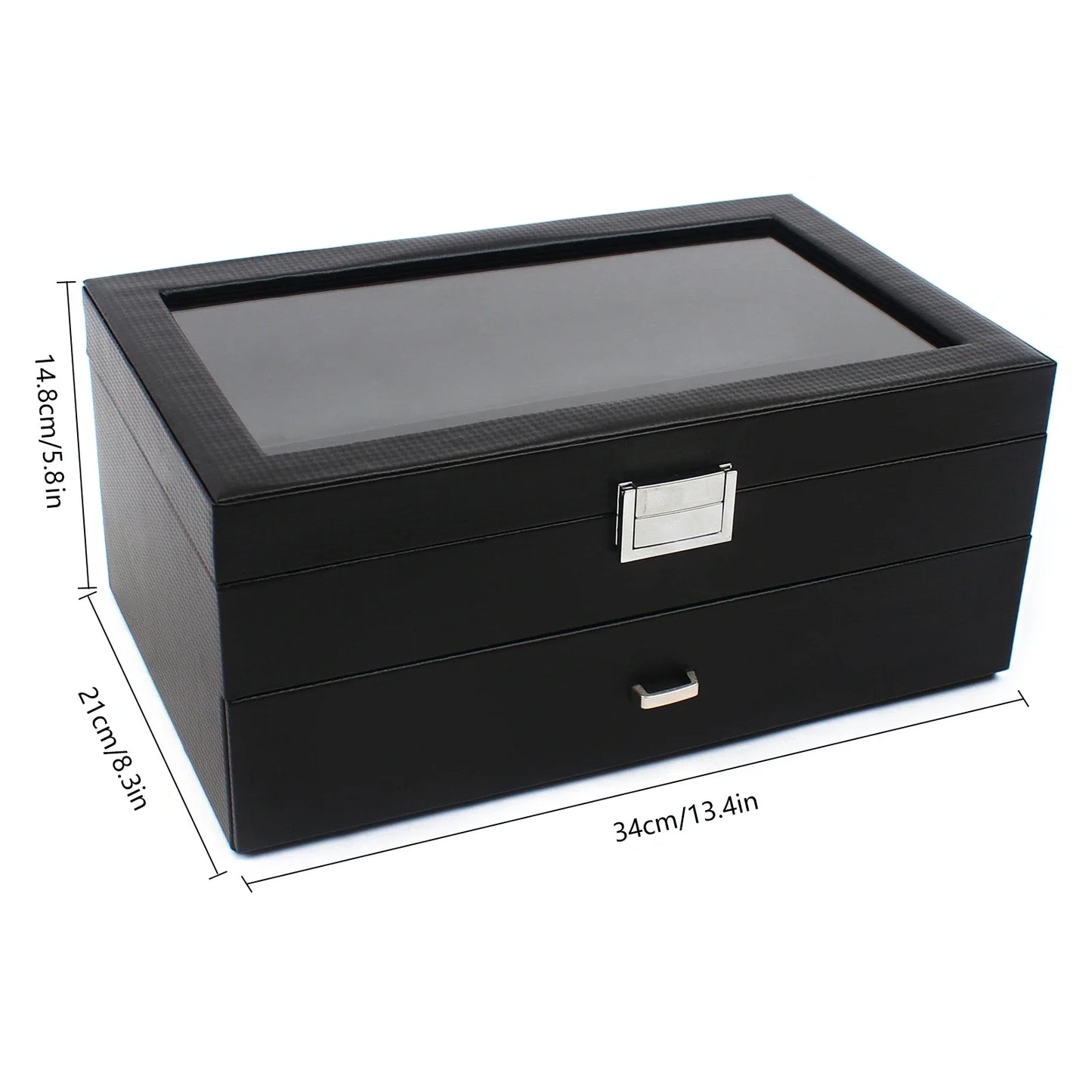 NEW 2 Layers 24 Compartments Watch Box Mens Case Glass Top Display Gift Organizer Lockable Black
