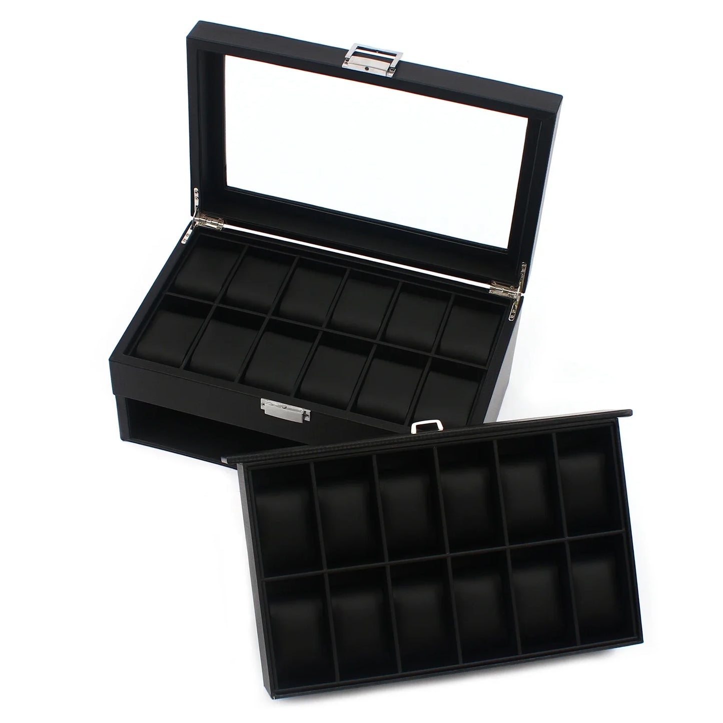 NEW 2 Layers 24 Compartments Watch Box Mens Case Glass Top Display Gift Organizer Lockable Black