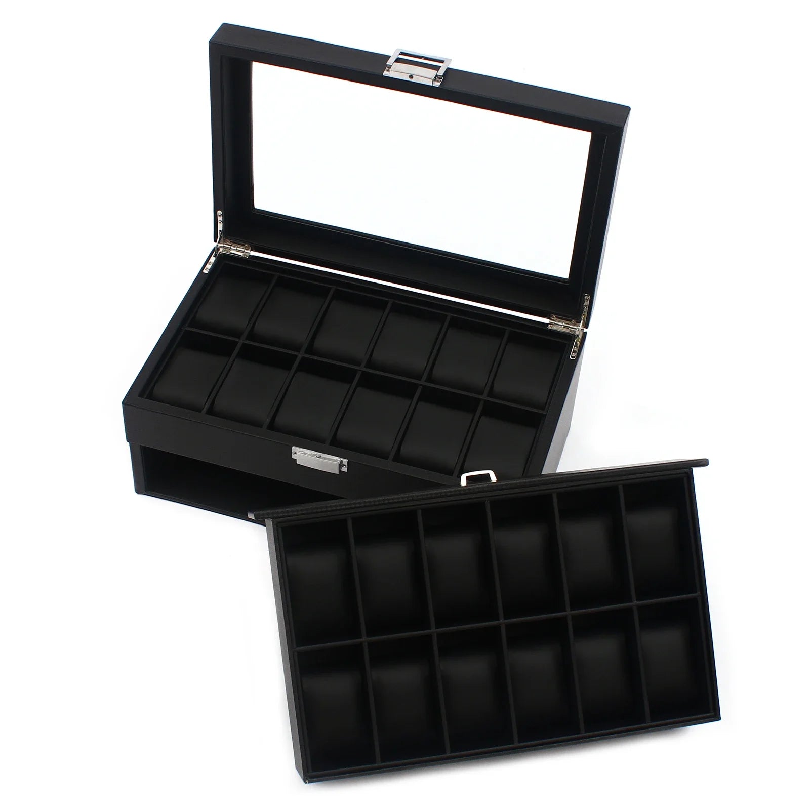 NEW 2 Layers 24 Compartments Watch Box Mens Case Glass Top Display Gift Organizer Lockable Black