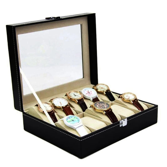 10 Grids Watch Box PU Leather Watches Display for Case Jewelry Holder Storage with Lock for Women Men Gifts