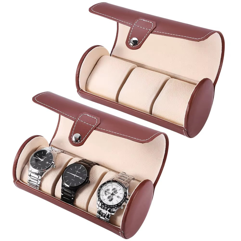 Watch Storage Box, PU Leather Roll Travel Watch Box,3 Grids Cylinder Roll Holder Wristwatch Jewelry Gift Storage Display Case