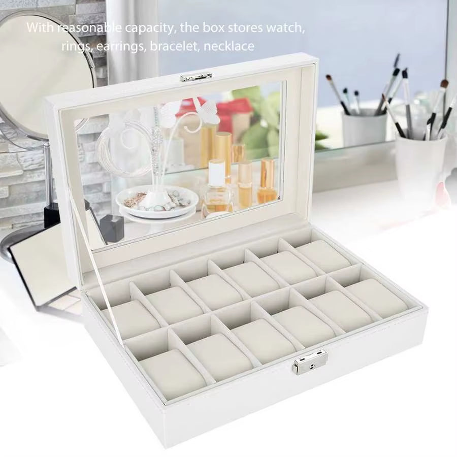 12 Grid Watch Box PU Leather Watch Case Holder Organizer Storage Box for Quartz Watches Jewelry Boxes Display Best Gift Whitebox