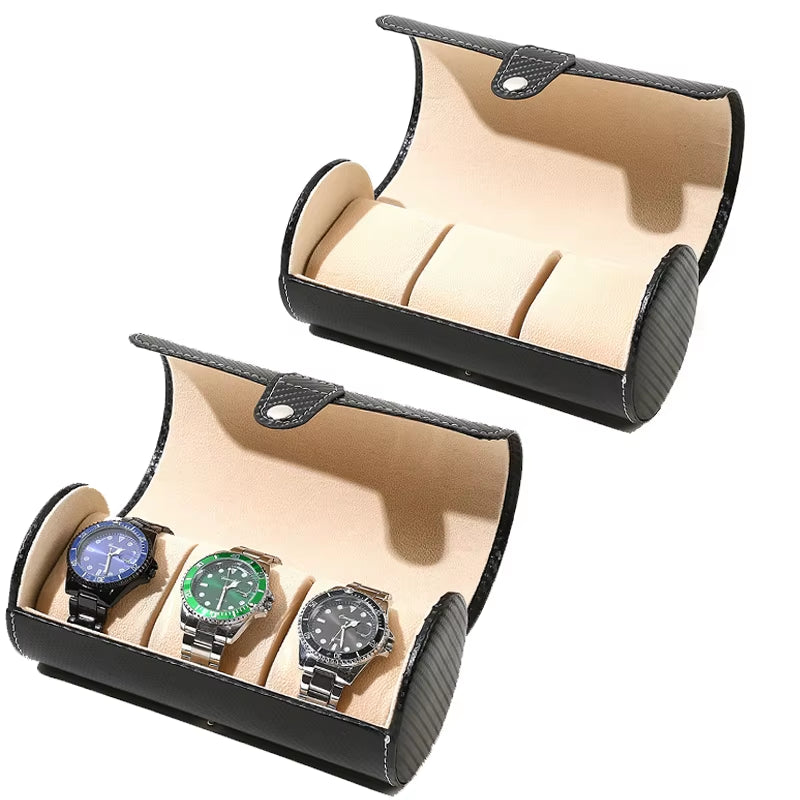 Watch Storage Box, PU Leather Roll Travel Watch Box,3 Grids Cylinder Roll Holder Wristwatch Jewelry Gift Storage Display Case