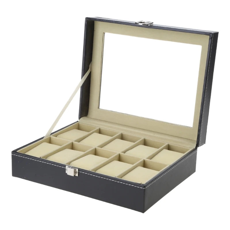 10 Grids Watch Box PU Leather Watches Display for Case Jewelry Holder Storage with Lock for Women Men Gifts
